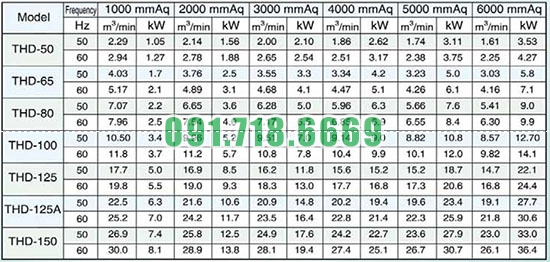 Thông số Máy thổi khí Trundean THD